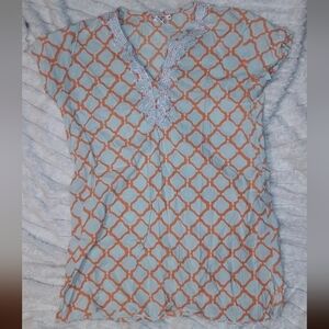 Beachcore Blue And Orange Cotton Geo Blouse